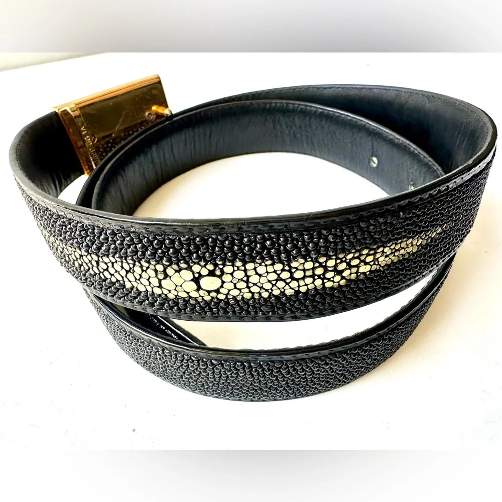 Stingray Skin Black Textured Belt with Gold & Silver Buckle 34” Unisex